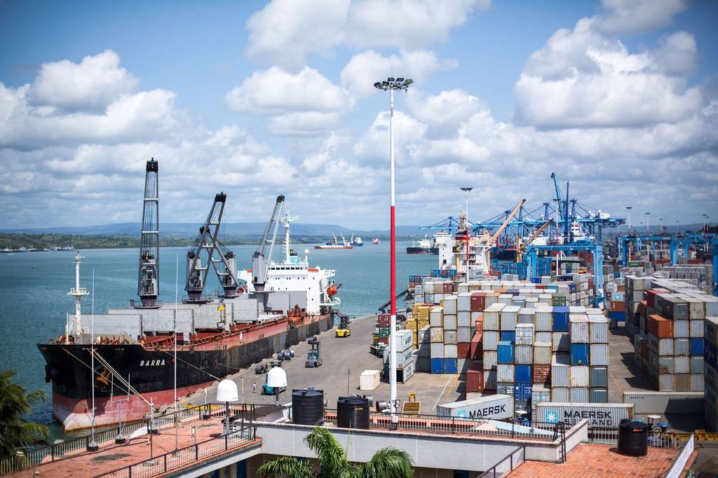 A general view of the Port of Mombasa, with ships at berth and container stacks on the quay