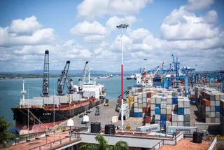 A general view of the Port of Mombasa, with ships at berth and container stacks on the quay
